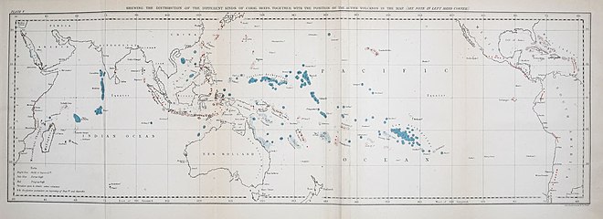 Map from Charles Darwin's 1842 The Structure and Distribution of Coral Reefs showing the world's major groups of atolls and coral reefs On the structure and distribution of coral reefs BHL40453231.jpg