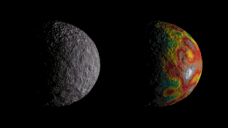 Ceres - map of gravity fields: red is high; blue, low. PIA22083-Ceres-DwarfPlanet-GravityMapping-20171026.gif