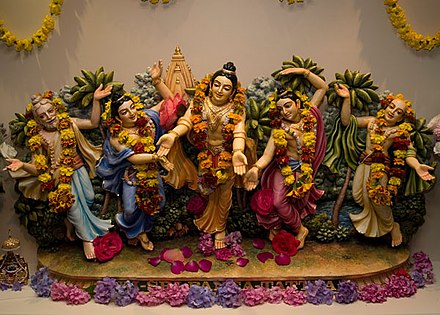 Pancha-Tattva deities: Chaitanya Mahaprabhu, Nityananda, Advaita Acharya, Gadadhara and Srivasa, installed in a Gaudiya Vaishnava temple