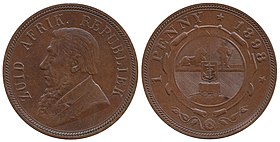 Penny 1898. Bronze, 9.43 g. Penny of the South African Republic (Transvaal), 1898.jpg