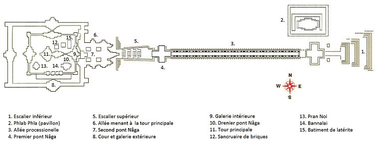 Übersichtsplan der Anlage: 1–untere Treppen; 2–Pavillon; 3–Prozessionsallee; 4–erste Naga-Brücke; 5–obere Treppe; 6–Allee zum zentralen Prang; 7–zweite Naga-Brücke; 8–äußere Galerie und Hof; 9–innere Galerie; 10–dritte Naga-Brücke; 11–zentraler Prang; 12–Ziegelstein-Heiligtum; 13–kleiner Prang; 14–Bannalai; 15–Lateritgebäude