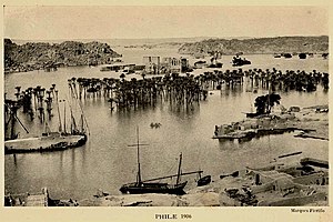Philae flooded by the Aswan Low Dam in 1906. Philae (1906) - TIMEA.jpg