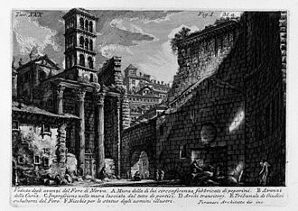 The Temple of Mars with the campanile of the Basilians and the Arco dei Pantani, by Piranesi, 1756 - note the name Foro di Nerva Piranesi-1053.jpg