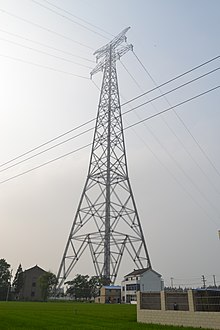 View of one of the Jiangyin lattice towers, the third tallest set of Electrical pylons in the world Powerline tower in Jiangyin1.JPG