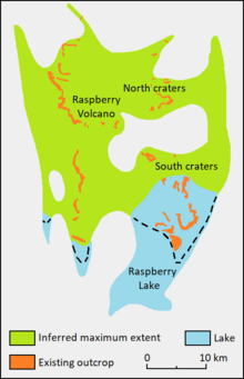 Diagram showing the locations of rock outcrops, prehistoric lakes and the inferred maximum extent of a geological formation.
