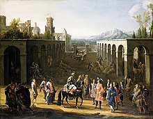 Peinture classique représentant une foule se divertissant dans une allée bordée d'arcades. Un homme à cheval faisant face à un homme à pied est au centre de la toile. Le point de vue est plongeant et la perspective est renforcée selon l'axe de l'allée.