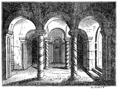 A 19th-century engraving of the crypt at Repton where Æthelbald was interred.