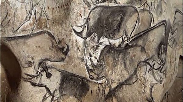 An artistic depiction of a group of rhinos was painted in the Chauvet Cave 30,000 to 32,000 years ago.