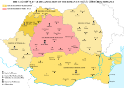 Administrative map of the Latin and Armenian Catholic hierarchies in Romania Romanian Roman-Catholic Church map.svg