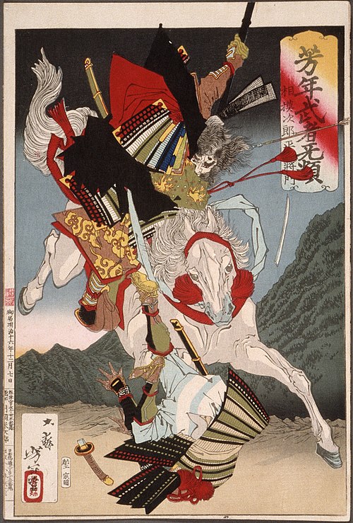 Taira no Masakado attacking an opponent on horseback (Yoshitoshi)