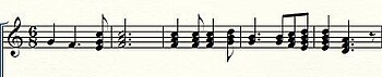 A chorus response in a heptatonic tradition. The use of the span process (or skipping process) results in the freedom of singers to add vocal parts. Here four part chord is used right before the final word of the chorus response. 3 and four part clusters are common in African music. However, their use is generally restricted by the number of singers available and type of scalar system being used for the song in question. Sample chorus response span process example.jpg