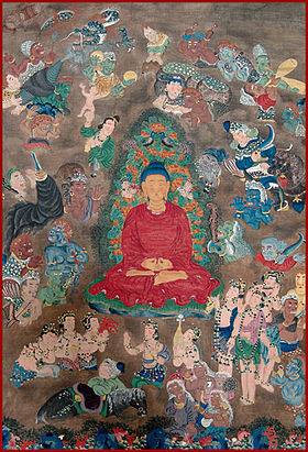 Scena della vita del Buddha del XVII secolo del 10 ° Karmapa Chöying Dorje raffigurante il Buddha sulla soglia dell'illuminazione sotto l'albero del boddhi.