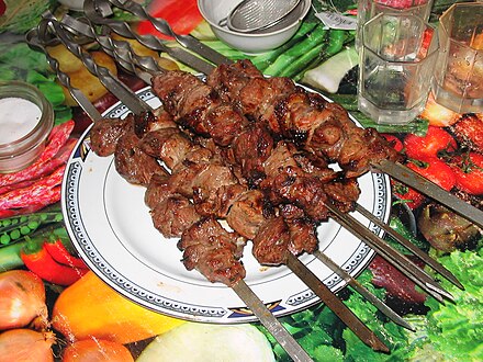 Shashlyk is a dish of skewered and grilled cubes of meat that is known traditionally, by various other names, in the Caucasus and Central Asia.[1][2]