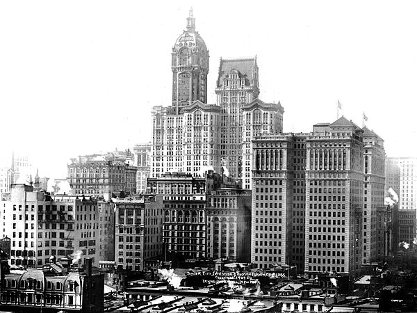 Predecessors at the site, demolished to make way for One Liberty Plaza: Singer Building (tallest tower in the center of the image) and City Investing 