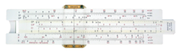 A slide rule. The sliding central slip is set to 1.3, the cursor to 2.0 and points to the multiplied result of 2.6. Sliderule 2005.png