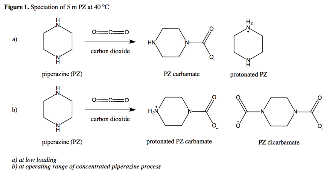 Piperazine (PZ) reacts with carbon dioxide to produce PZ carbamate and PZ bicarbamate at low loading and operating range, respectively.