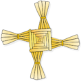 Az írországi Szent Brigitta (451 k.–525) keresztje (en: St Brigid's Cross), a tűz elleni oltalom jelképe, nádból font négyzet, a sarkain szárakkal