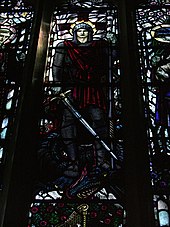 Karl Parsons stained glass window showing the central light with an image of St George St Laurence East Harptree 3.jpg