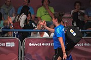 Deutsch: Beachhandball bei den Olympischen Jugendspielen 2018; Tag 4, 9. Oktober 2018; Mädchen, Spiel um Bronze – Andreea Dragoman (ROU) – Archana Girish Kamath (IND) 4:1 English: Table tennis at the 2018 Summer Youth Olympics at 9 October 2018 – Girl's Singles Bronze Medal Match – Andreea Dragoman (ROU) – Archana Girish Kamath (IND) 4:1