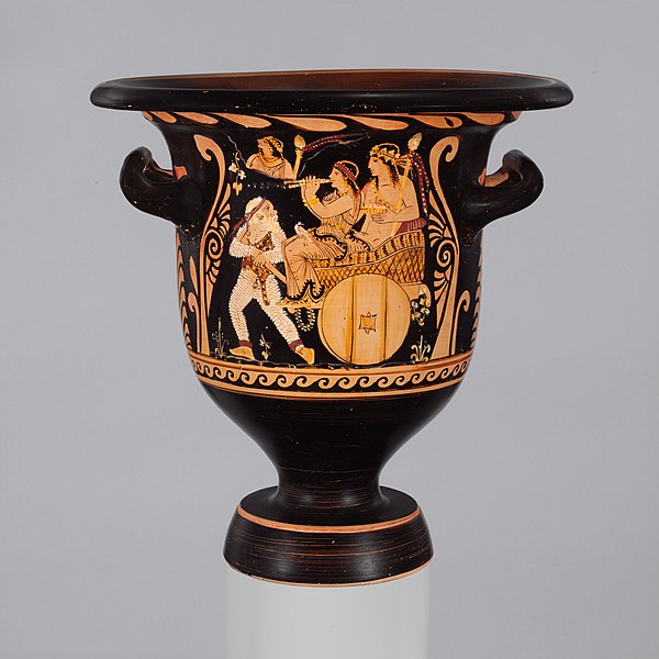 Papposilenus in a Dionysian procession, bell-krater from Paestum, Magna Graecia, c. 355 BC (Metropolitan Museum of Art)