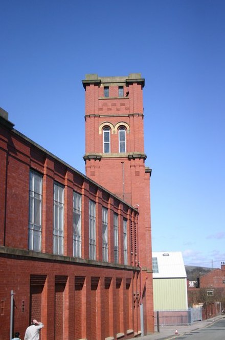 The mill known locally as The Mop Shop. Industrial textile manufacturing was introduced to Heywood in the late 18th century and by 1833, the town had 