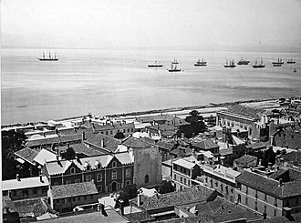 View of The Convent and its environs from the Upper Town in 1879, with the building's iconic balcony being constructed The Convent - Anglican Cathedral.jpg