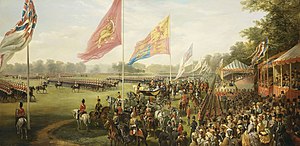 پرچم‌های بریتانیا و ایران در نقاشی بازدید ناصرالدین شاه از پارک بزرگ ویندزور بریتانیا در نخستین سفر او به اروپا در ۱۸۷۳ م - اثر نیکولاس شوالیه