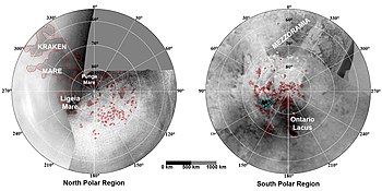 Maps of Titan's polar regions based on images from Cassini's ISS showing hydrocarbon lakes and seas. Bodies of liquid hydrocarbons are outlined in red; the blue outline indicates a body that appeared during the 2004-2005 interval.