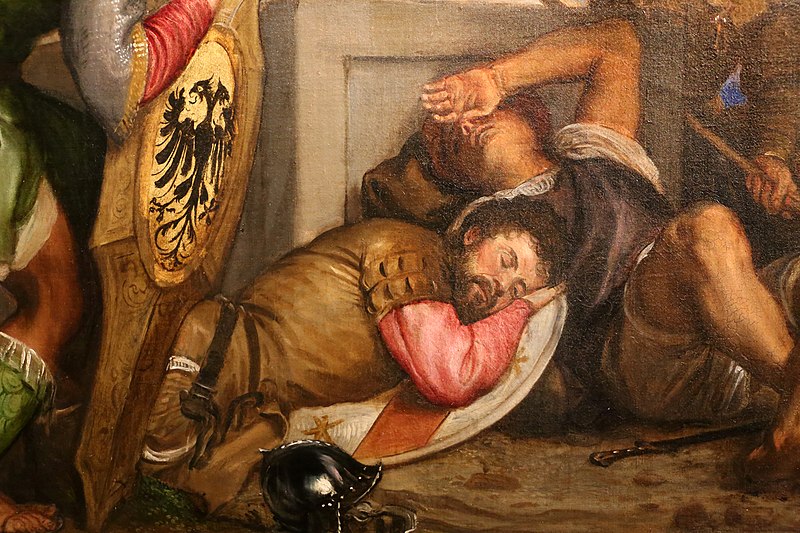 File:Tiziano, stendardo processionale della compagnia del corpus domini di urbino, con resurrezione e ultima cena (fregi di pietro viti), 1542-44 (urbino gnm) 04.jpg