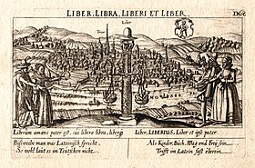 Imago Augustae Treverorum, ab Eberhardo Kieser picta, anno 1625 aeneae laminae ope expressa, in qua repraesentantur quattuor notiones: "liber, libra, liberi et liber".