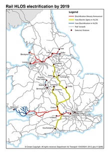 2012 Department for Transport plans for UK rail electrification by 2019 including Northern Hub (red), Electric Spine (yellow/green), Great Western Main Line and South Wales Main Line (red) and Valleys & Cardiff Local Routes (blue). For 'HLOS', see Network Rail > Control periods. UK rail electrification by 2019.pdf