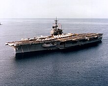 Ranger cruising off the coast of California in 1983 USS Ranger (CV-61) aerial port bow view 1983.jpg