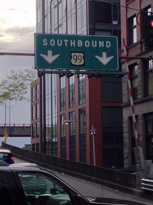 US 99 Sign in Downtown Seattle, at the entrance to the old Alaskan Way Viaduct. The viaduct was torn down in 2019 after it was replaced by the State R