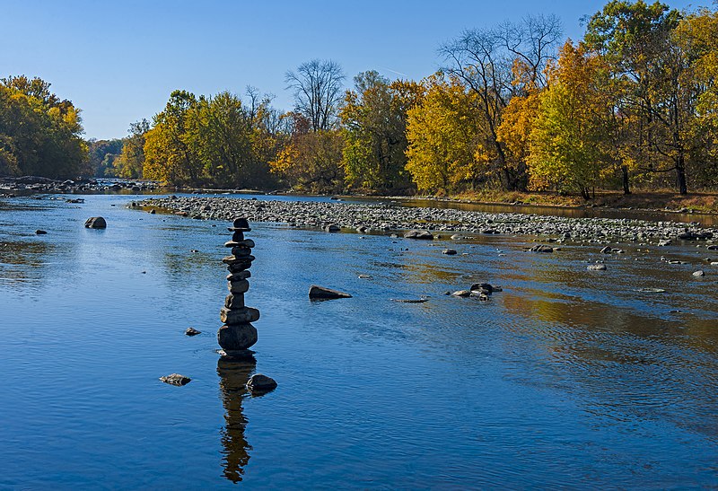 File:Upstream view of Wallkill River with cairn and reflection, Walden, NY.jpg
