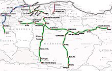 Map based on IFE maps of lines operating (purple), lines being restored (blue) and lines under construction (green) as at 2017 Venezuela railway map.jpg