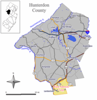 Carte du canton de West Amwell dans le comté de Hunterdon.  Encart: Emplacement du comté de Hunterdon mis en évidence dans l'État du New Jersey.