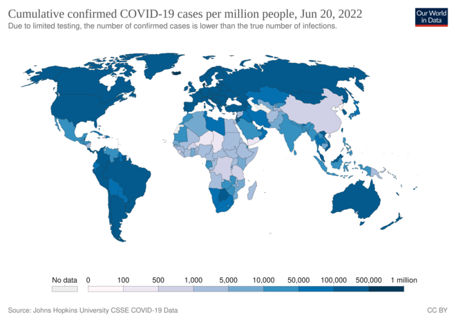 100万人あたりのCOVID‑19の確認された症例の総数[38]