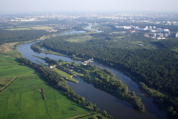 Oder in the city of Wrocław, Poland. Rędzińska Island before the construction of the Rędziński Bridge.