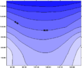 A vertical colour contour map of ground conductivity of Yagan's grave site, showing uneven ground distubance, indicating that the grave was not cut to full depth along its full length.