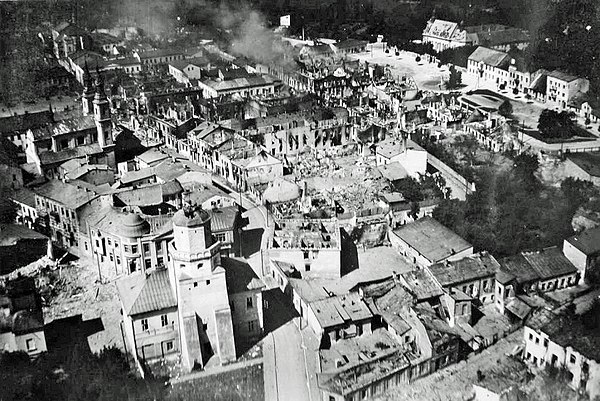 Bombing of Wieluń, the first Polish city destroyed by Luftwaffe bombing, on 1 September 1939. In one of the first acts of World War II, German bombers