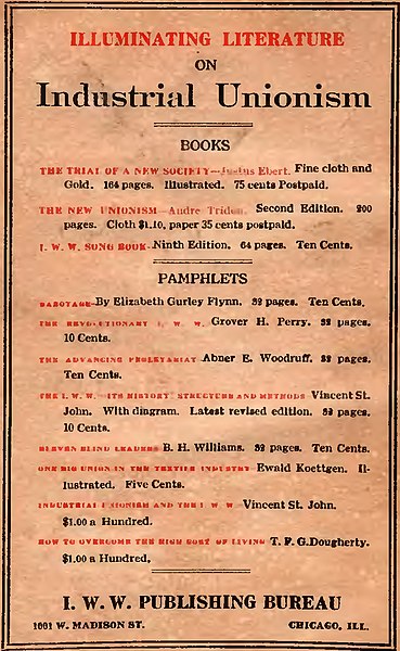 File:"Illuminating Literature on Industrial Unionism" "I. W. W. Publishing Bureau 1001 W. Madison St. Chicago, Ill." Back cover page from - Sabotage by Elizabeth Gurley Flynn (page 36 crop).jpg