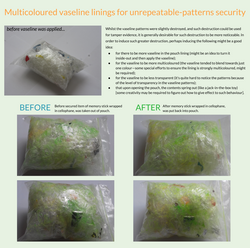 Details of test to see whether multicoloured vaseline patterns in the lining of a transparent plastic pouch, could be the basis for a tamper-evidence mechanism