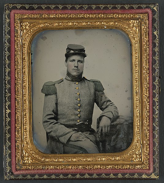 File:(Private Joseph T. Rowland of Co. A, 41st Virginia Infantry Regiment in uniform with epaulets and kepi with pistol in belt) (LOC) (14564774202).jpg