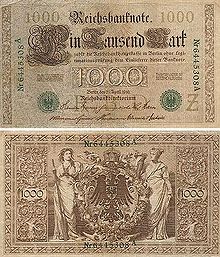 Banconota da 1.000-Mark datata 1910. Le banconote con il Reichsbanksiegel (sigillo della Banca del Reich) verde sono banconote retrodate, stampate, dopo una notificazione (Bekanntmachung) del 3. Dicembre 1918, subito dopo la fine della guerra. Solo le banconote con il sigillo rosso sono state stampate prima della guerra.