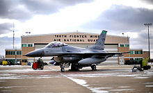 Gassed up with a biofuel, a U.S. Air Force F-16 Falcon from the 180th Fighter Wing ANG goes through prefight checks before taxiing down the runway for take off on 12 February 2012 112th Fighter Squadron - General Dynamics F-16C Block 42E Fighting Falcon 89-2051.jpg