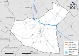 Carte en couleur présentant le réseau hydrographique de la commune