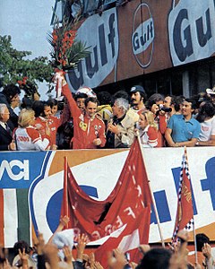 1975 Italian GP - The new F1 Drivers' World Champion Niki Lauda on the podium.jpg