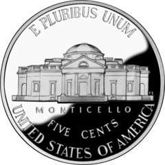 Monticello op de Amerikaanse nickel naar een ontwerp uit 2006
