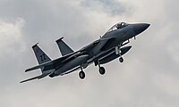 A US Air Force F-15C Eagle, tail number 80-0012, on final approach at Kadena Air Base in Okinawa, Japan