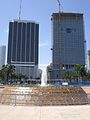 The eastern terminus of Flagler Street at Biscayne Boulevard with Bayfront Park in the foreground